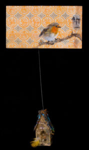 artwork of robin oil and wax painting with actual bird house suspended underneath