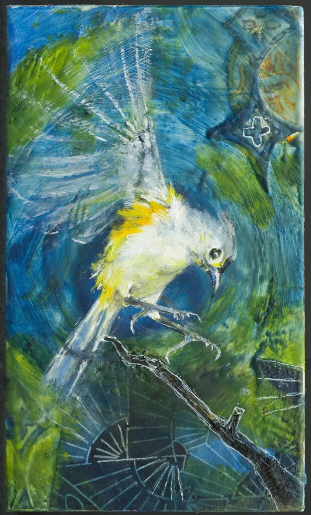 encaustic painting of Tufted Tit bird on blue background