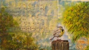 encaustic painting of a bird on a tree stump with background text